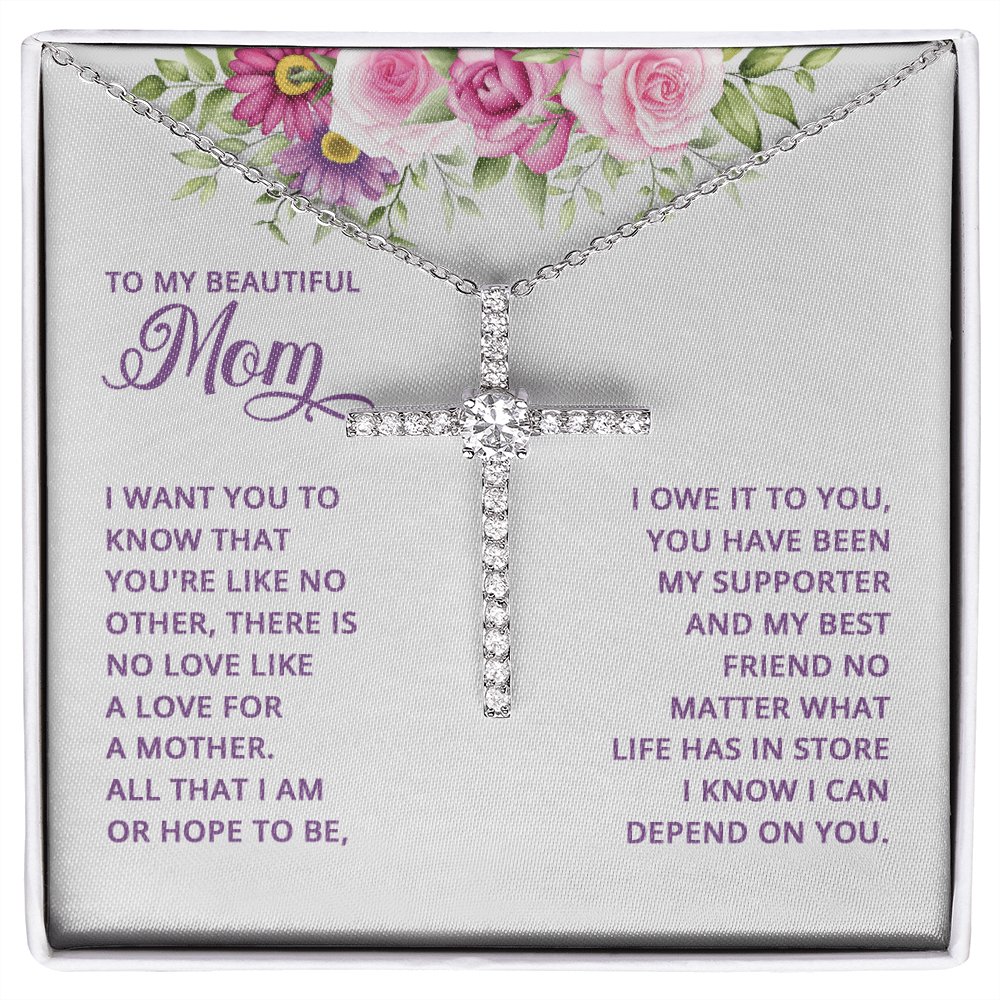 To My Beautiful Mom - Like No Other - Cubic Zirconia Cross Necklace - Celeste Jewel