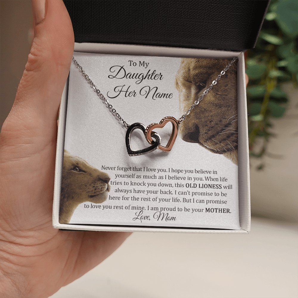 To My Daughter - This Old Lioness - Interlocking Hearts Necklace - Celeste Jewel