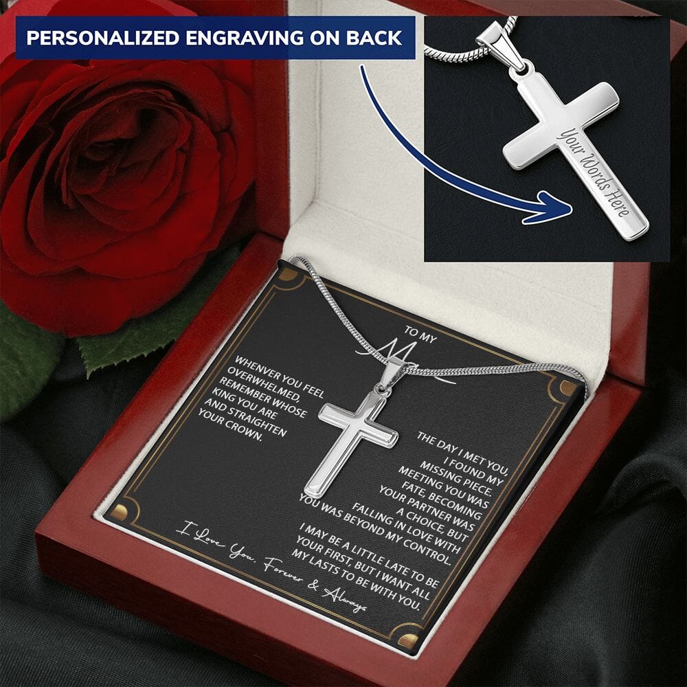 To My Man - Straighten Your Crown - Men's Personalized Cross - Celeste Jewel