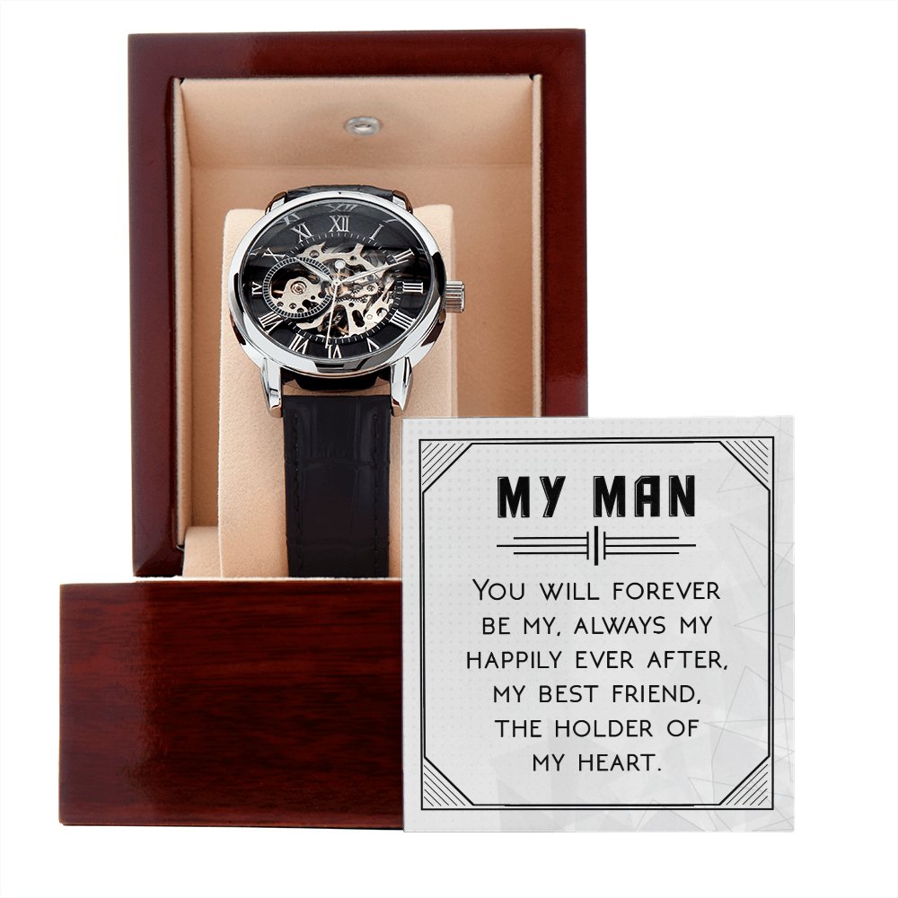 To My Man - The Holder Of My Heart - Men's Skeleton Watch - Celeste Jewel