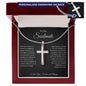 Personalized Cross Necklace with To My Soulmate card in a mahogany style LED gift box with engraving preview