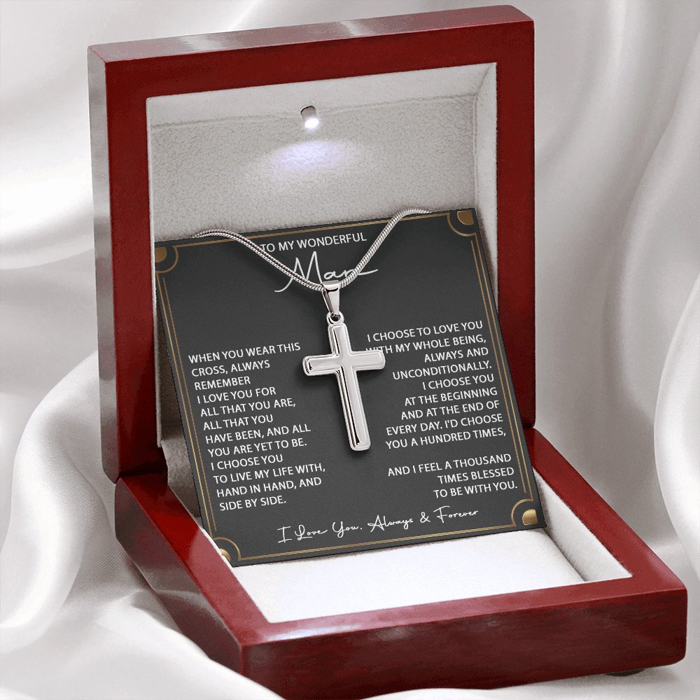 Personalized Cross Necklace with To My Wonderful Man card in an LED gift box on white satin