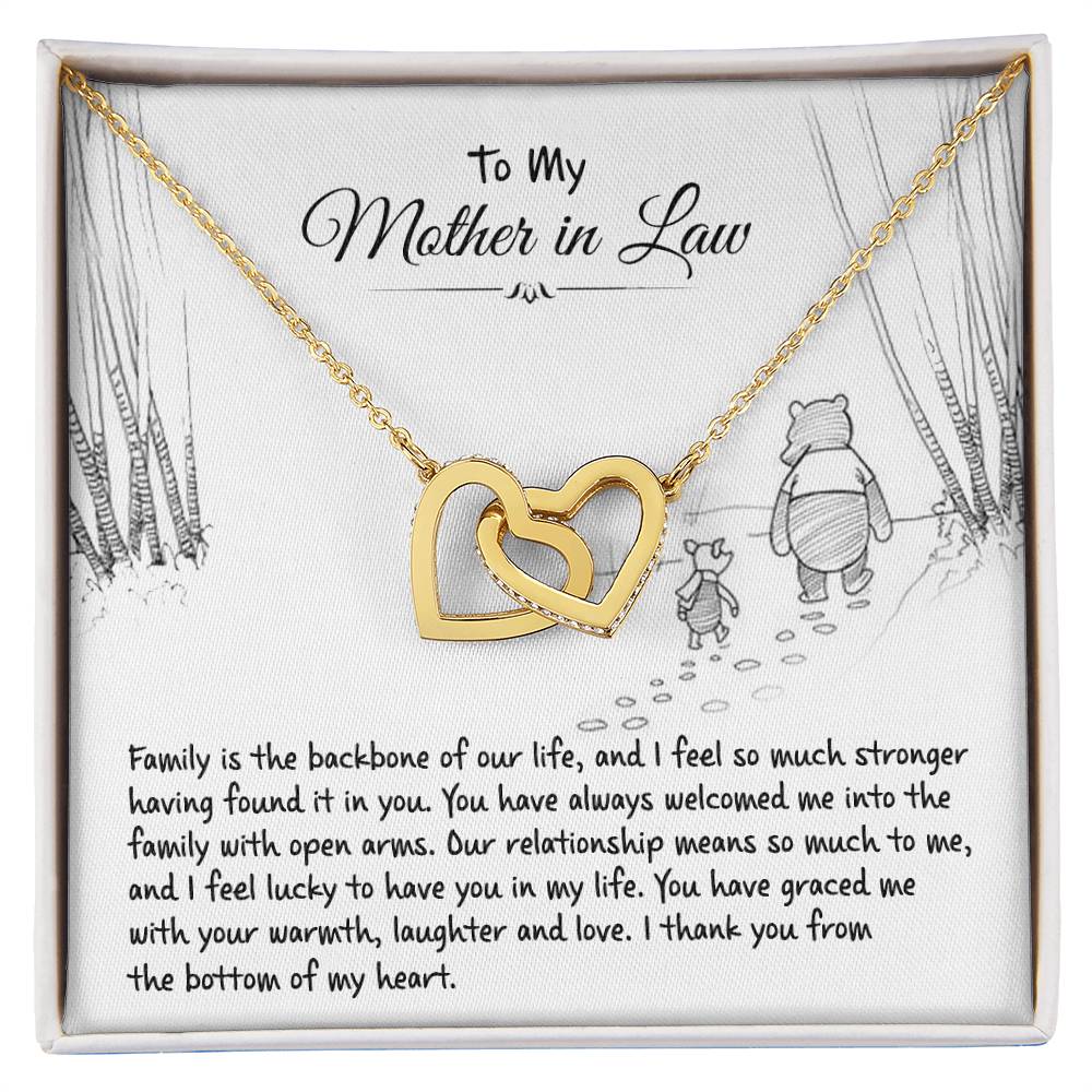 To My Mother in Law message card with Interlocking Hearts Necklace in yellow gold finish
