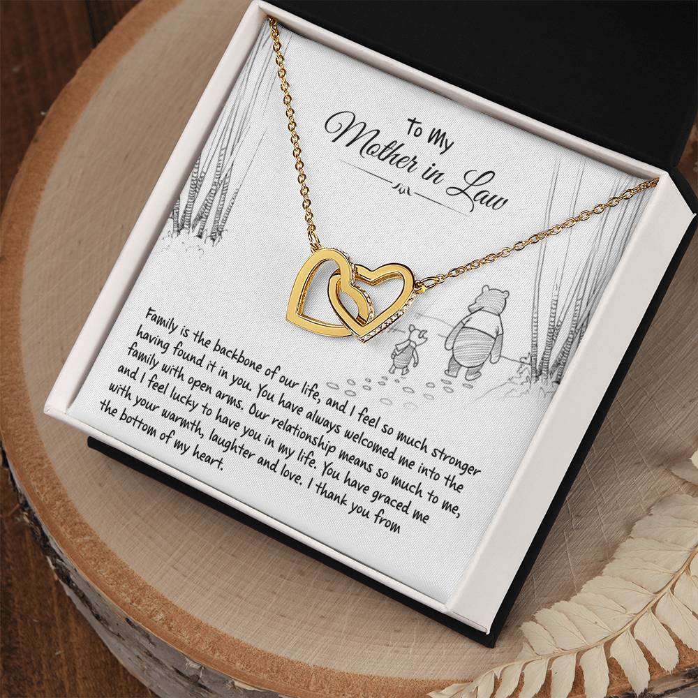 Interlocking Hearts Necklace in yellow gold with To My Mother in Law card in an open gift box