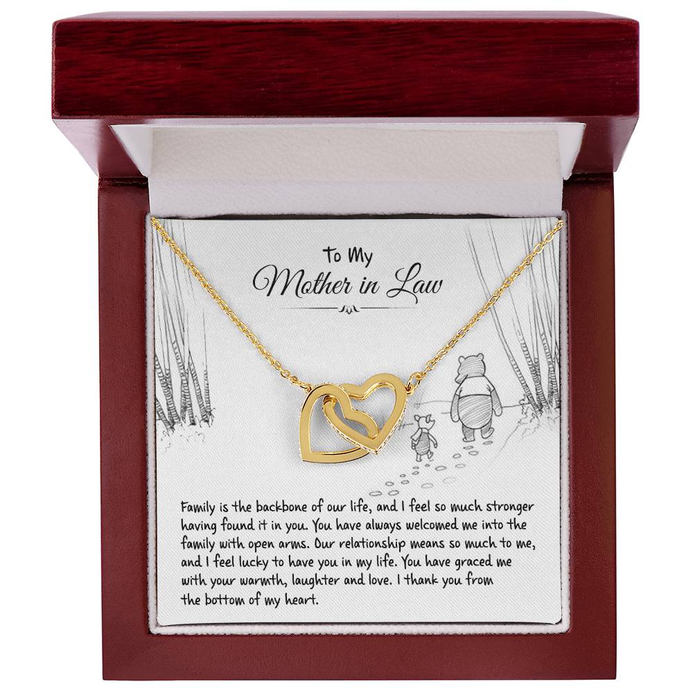 Interlocking Hearts Necklace in yellow gold with To My Mother in Law card in a mahogany style gift box