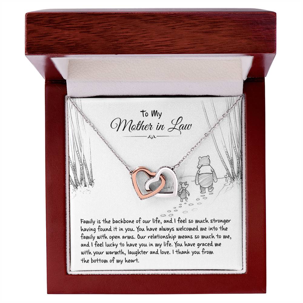 Interlocking Hearts Necklace with To My Mother in Law card in a mahogany style LED gift box