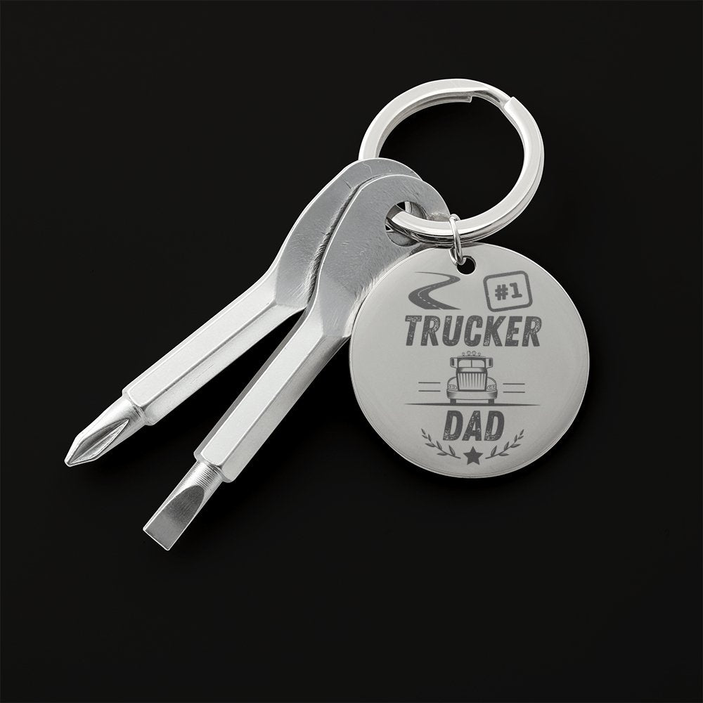 #1 TRUCKER DAD - Engraved Screwdriver Keychain - Celeste Jewel