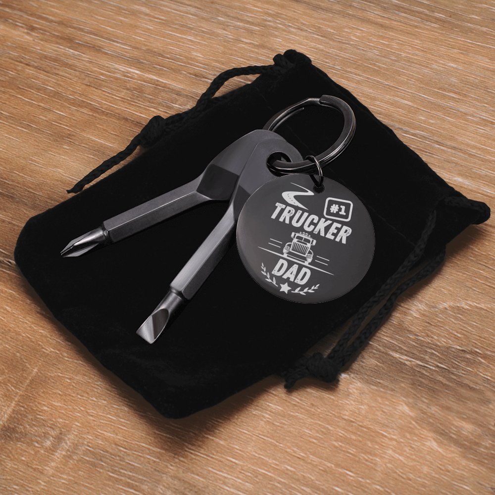 #1 TRUCKER DAD - Engraved Screwdriver Keychain - Celeste Jewel