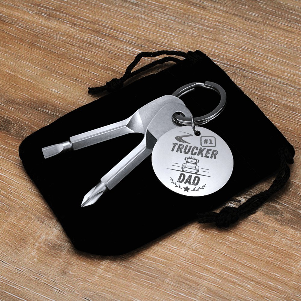 #1 TRUCKER DAD - Engraved Screwdriver Keychain - Celeste Jewel