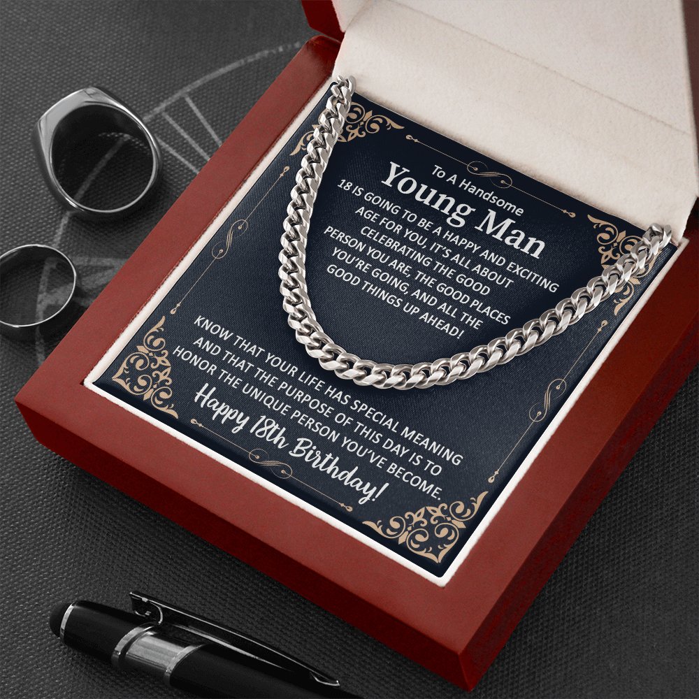 To A Handsome Young Man - 18th Birthday Gift - Cuban Link Chain Necklace - Celeste Jewel