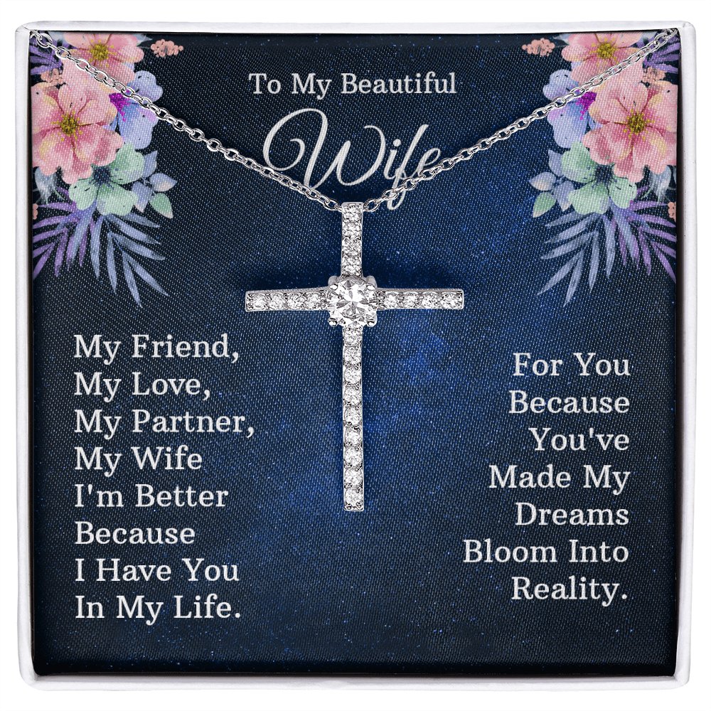 To My Beautiful Wife - For You - Cubic Zirconia Cross Necklace - Celeste Jewel