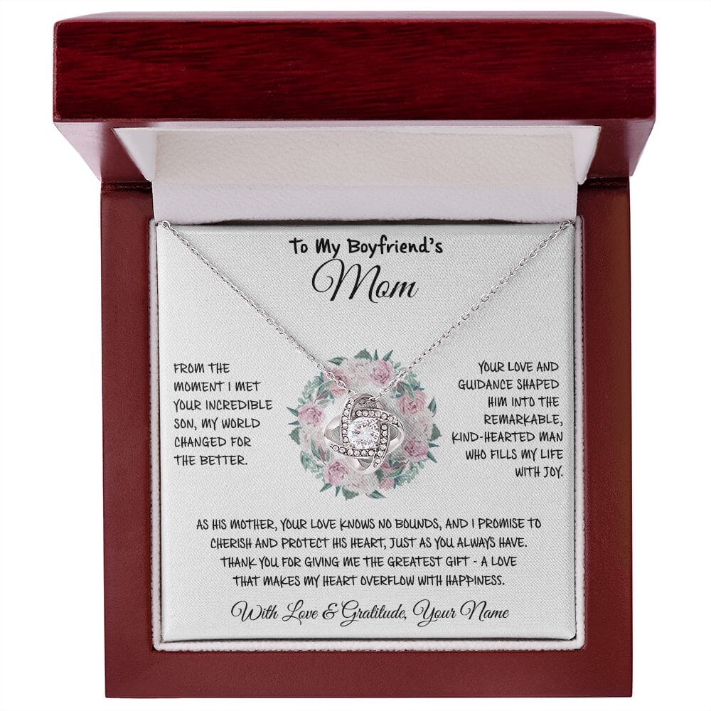Love Knot Necklace with To My Boyfriend's Mom card in a mahogany style LED gift box
