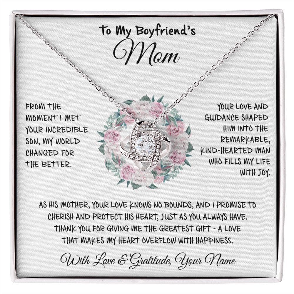 To My Boyfriend's Mom message card with Love Knot Necklace, card reads The Greatest Gift