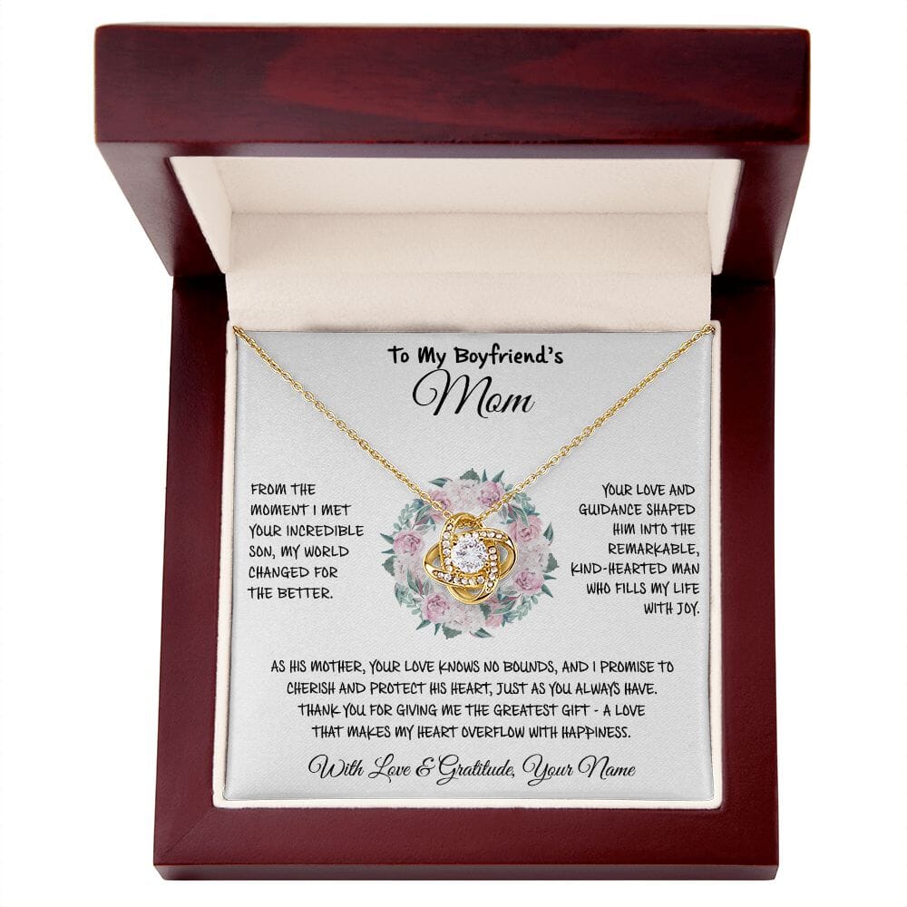 Love Knot Necklace with To My Boyfriend's Mom card in a mahogany style LED gift box, yellow gold finish