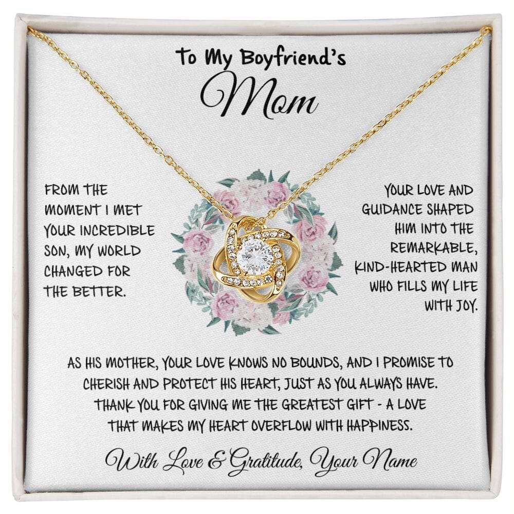 To My Boyfriend's Mom message card with Love Knot Necklace in yellow gold finish, card reads The Greatest Gift