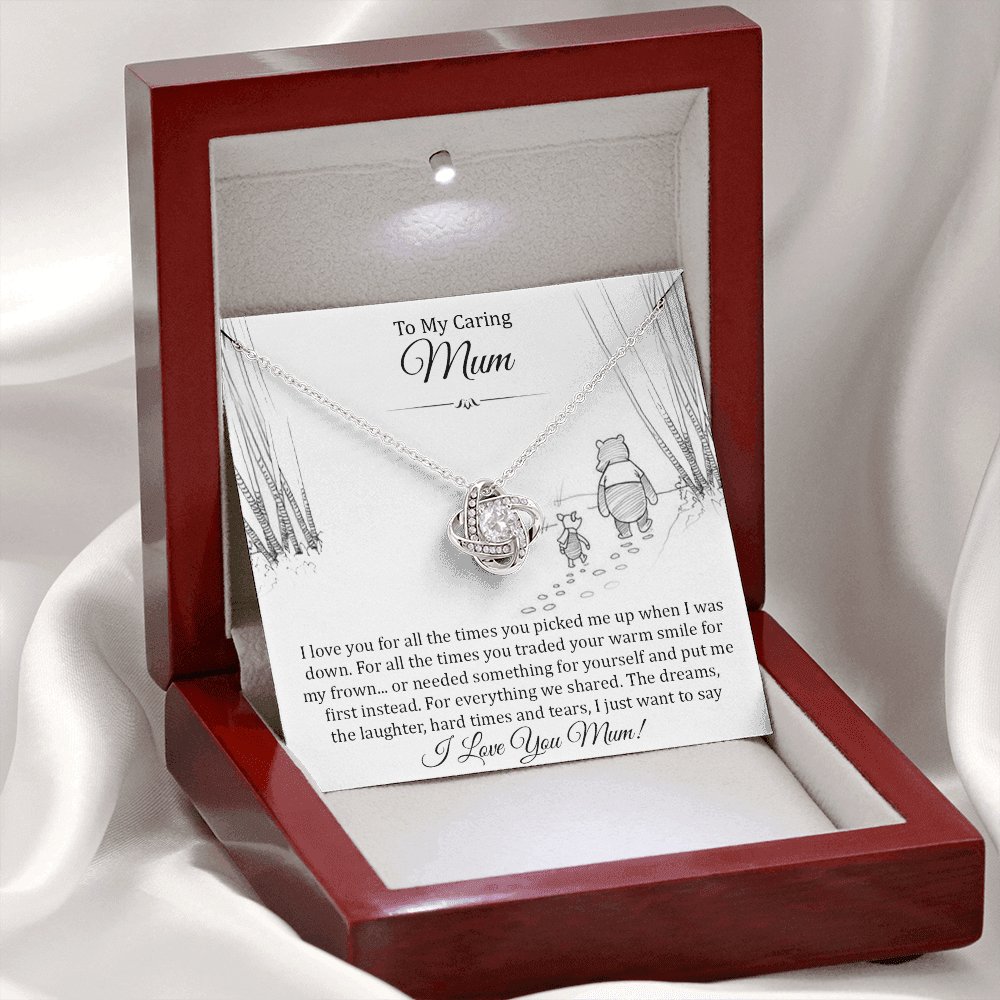 Love Knot Necklace with To My Caring Mum card in an LED gift box on white satin