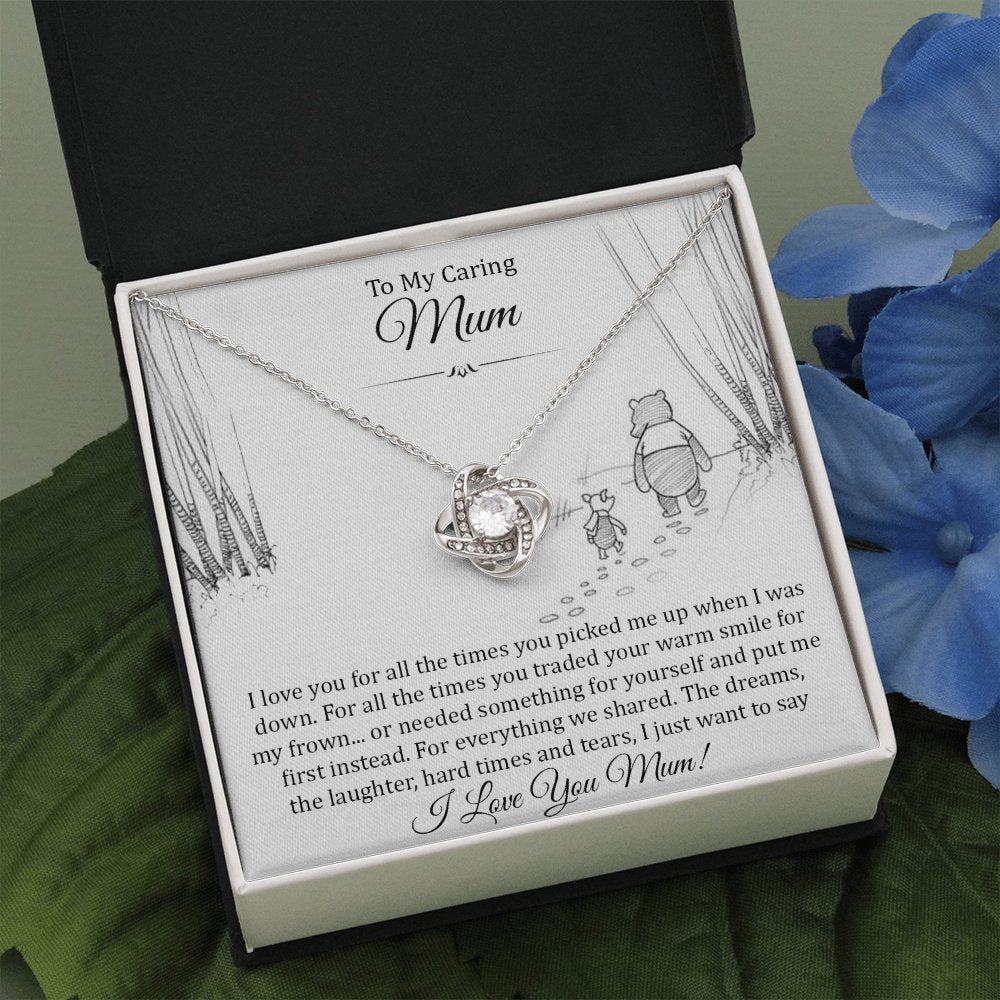Love Knot Necklace with To My Caring Mum message card in an open gift box