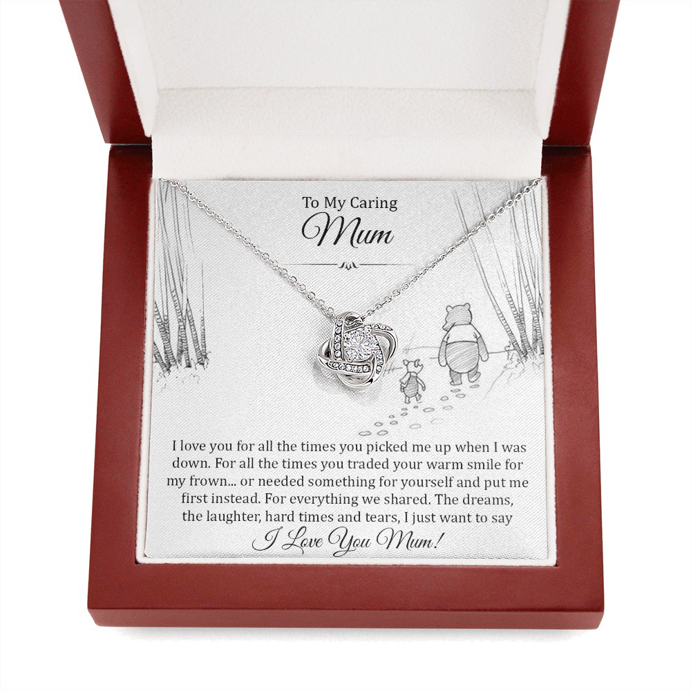 Love Knot Necklace with To My Caring Mum card in a mahogany style LED gift box