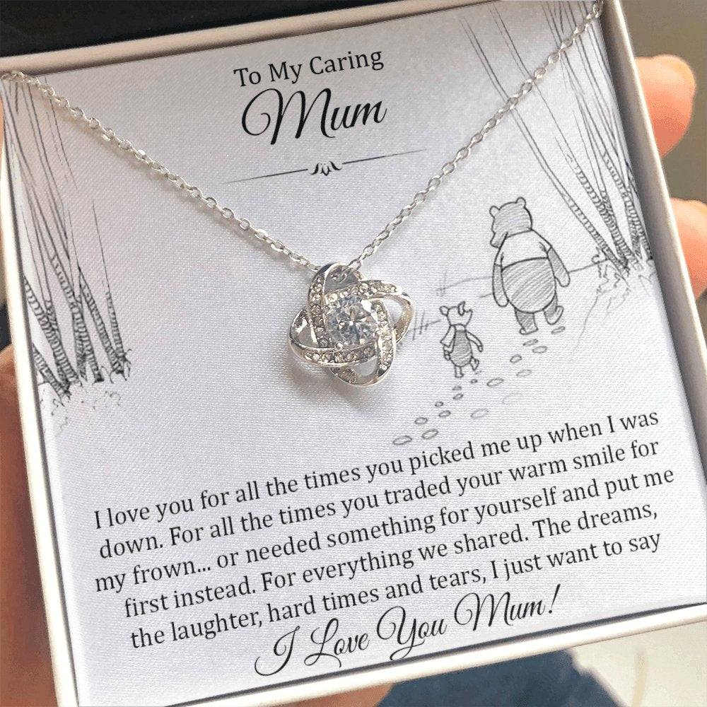 Close up of the To My Caring Mum message card with Love Knot Necklace
