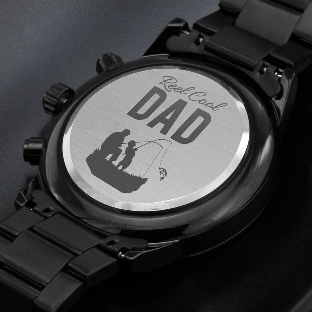 To My Dad - Reel Cool Fishing Dad - Black Chronograph Watch - Celeste Jewel