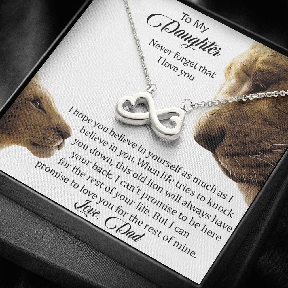 To My Daughter message card with Infinity Necklace, card reads Never Forget That I Love You