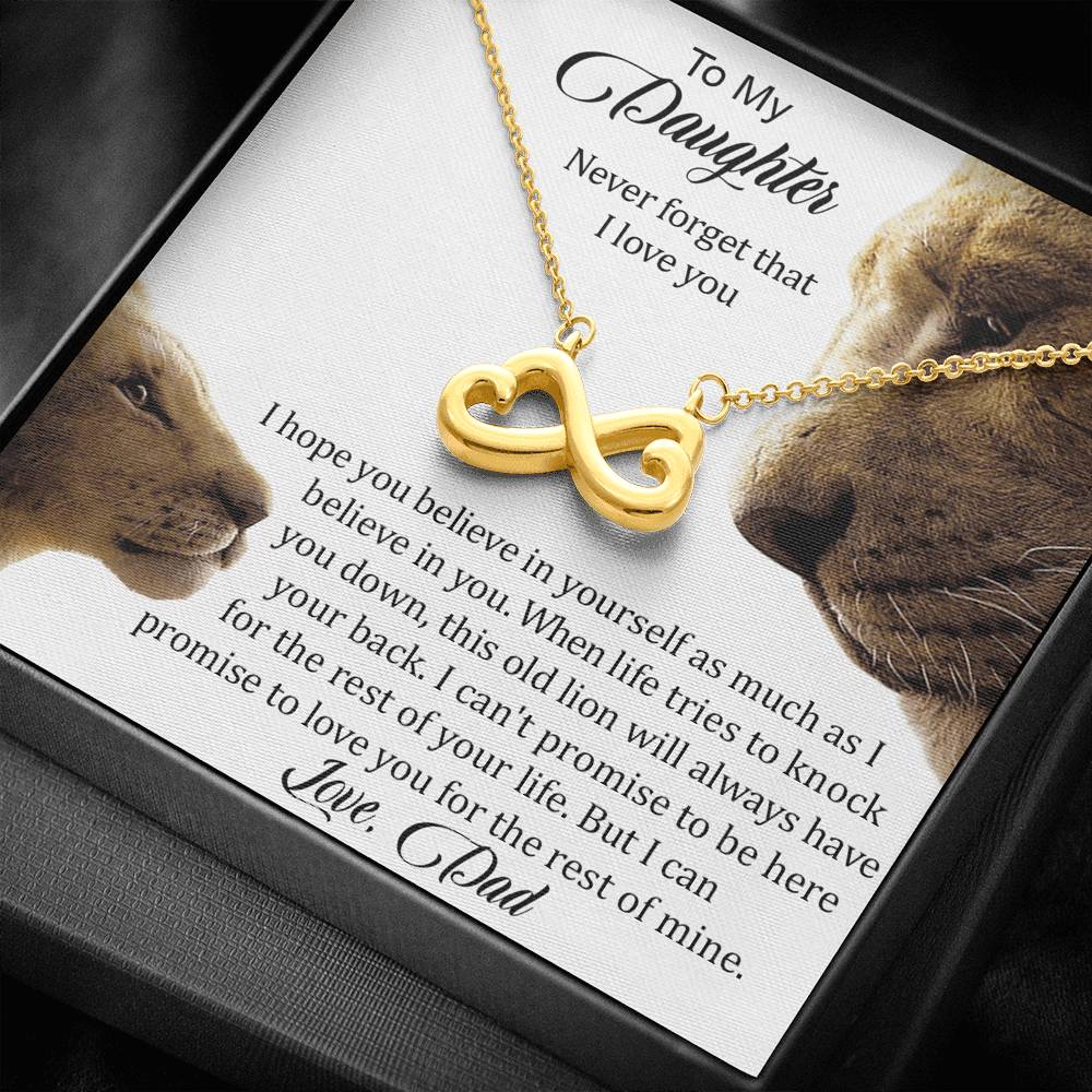To My Daughter message card with Infinity Necklace in yellow gold finish, card reads Never Forget That I Love You