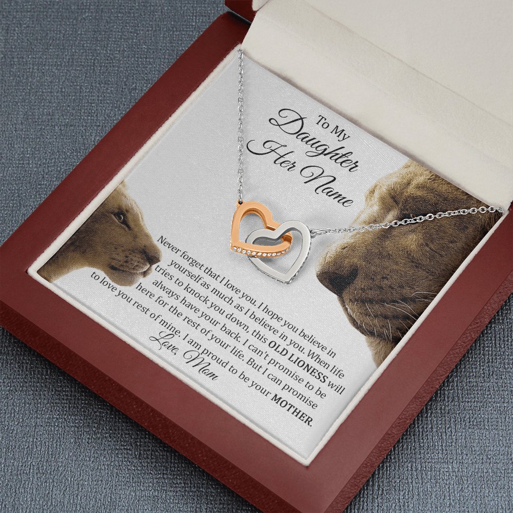 To My Daughter - This Old Lioness - Interlocking Hearts Necklace - Celeste Jewel