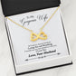 To My Gorgeous Wife message card with Infinity Necklace in yellow gold finish in an open gift box