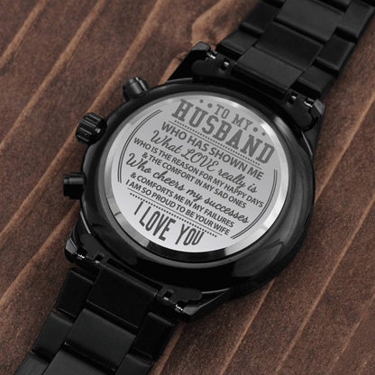 To My Husband - What Love Really Is - Black Chronograph Watch - Celeste Jewel