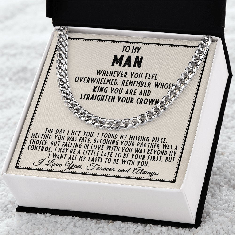 Cuban Link Chain Necklace with To My Man message card in an open gift box