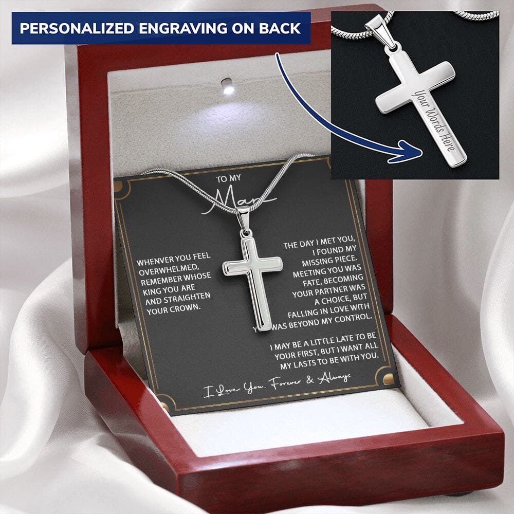 To My Man - Straighten Your Crown - Men's Personalized Cross - Celeste Jewel