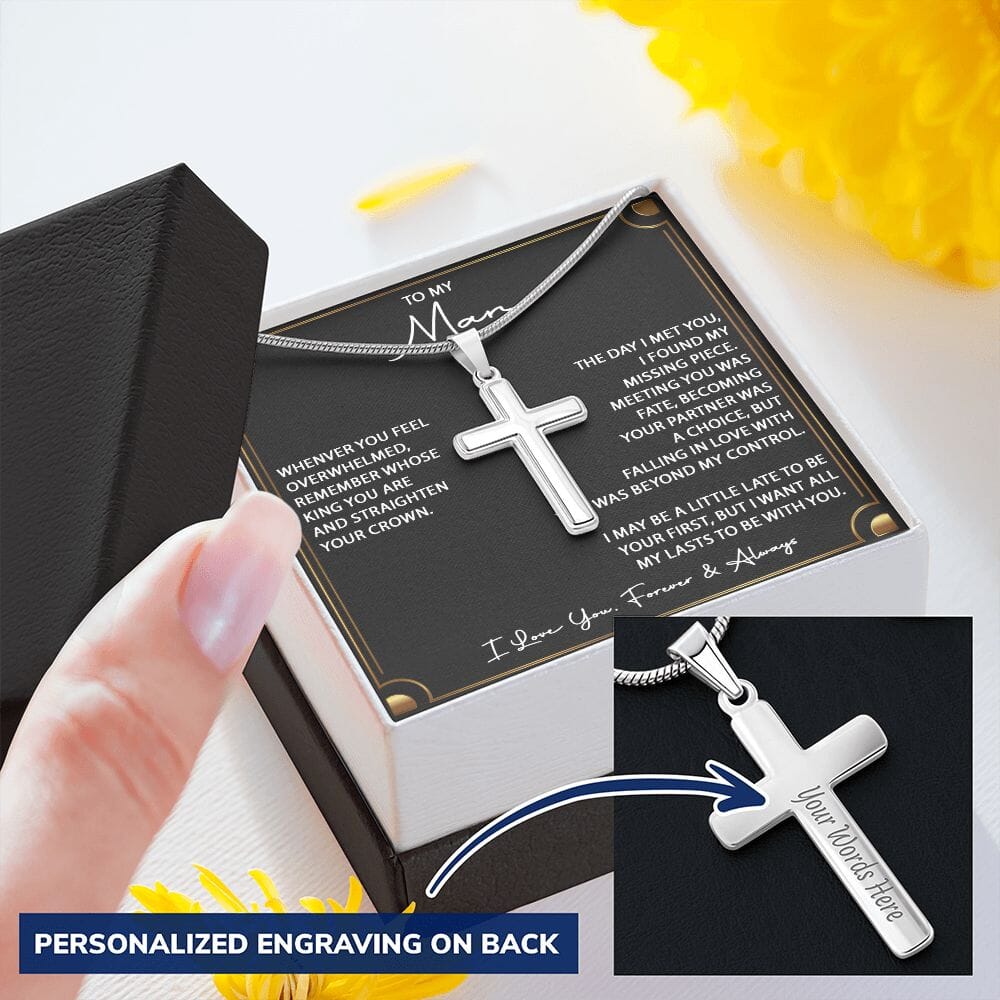 To My Man - Straighten Your Crown - Men's Personalized Cross - Celeste Jewel