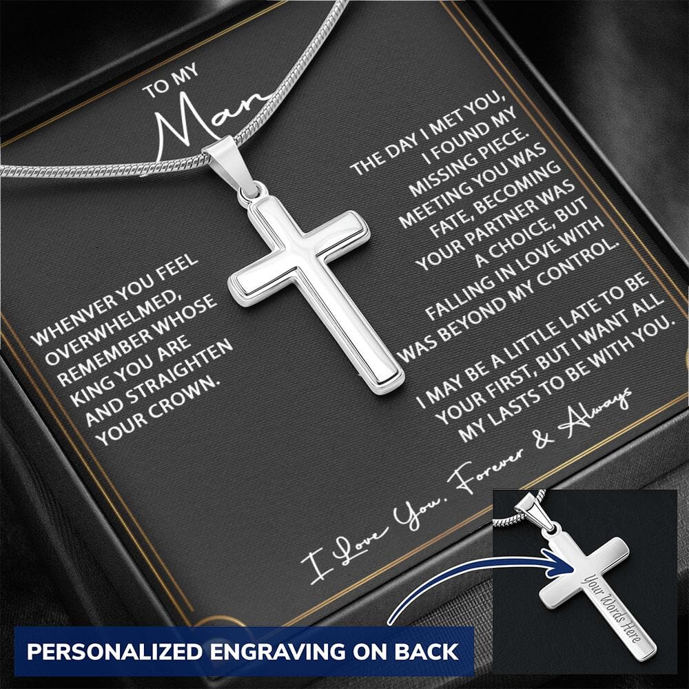 To My Man - Straighten Your Crown - Men's Personalized Cross - Celeste Jewel