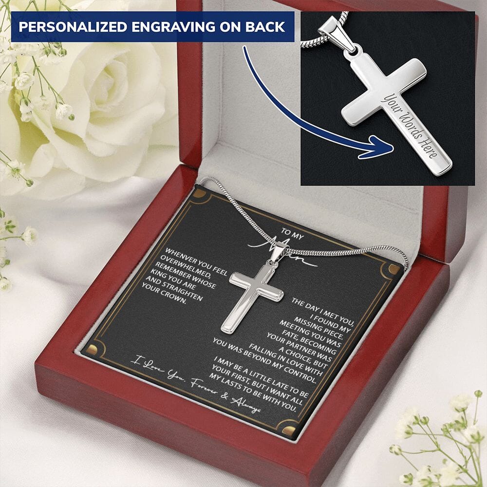 To My Man - Straighten Your Crown - Men's Personalized Cross - Celeste Jewel