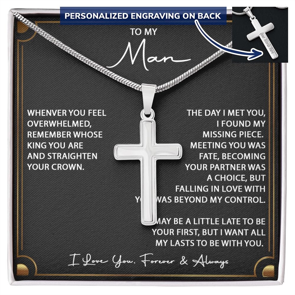 To My Man - Straighten Your Crown - Men's Personalized Cross - Celeste Jewel