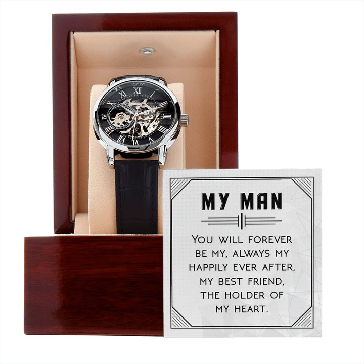To My Man - The Holder Of My Heart - Men's Skeleton Watch - Celeste Jewel