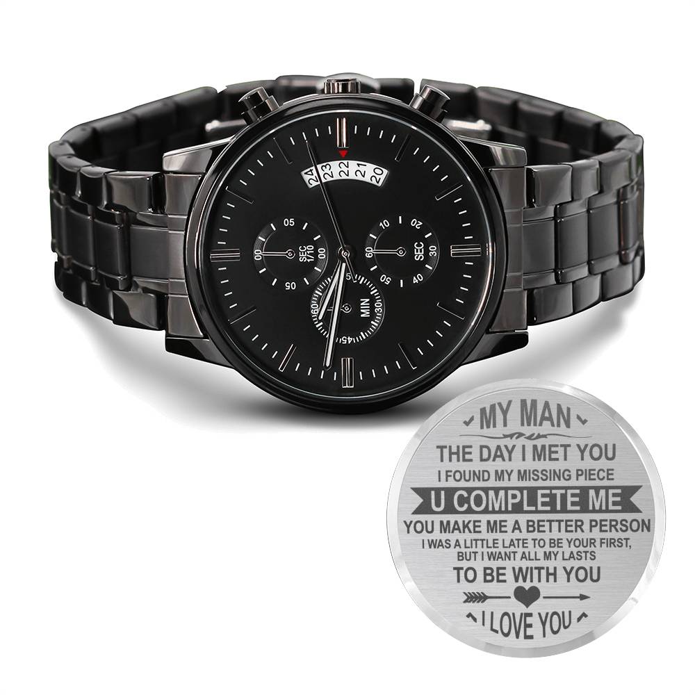 To My Man - U Complete Me - Black Chronograph Watch - Celeste Jewel
