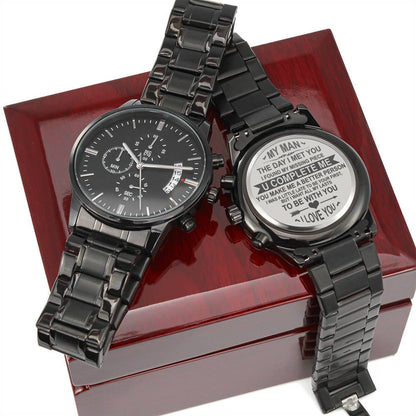 To My Man - U Complete Me - Black Chronograph Watch - Celeste Jewel