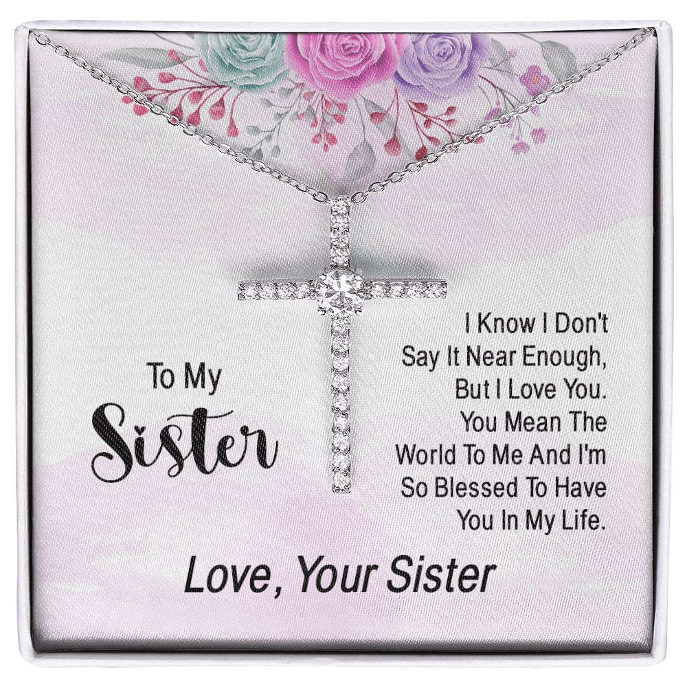 To My Sister - You Mean The World - Cubic Zirconia Cross Necklace - Celeste Jewel