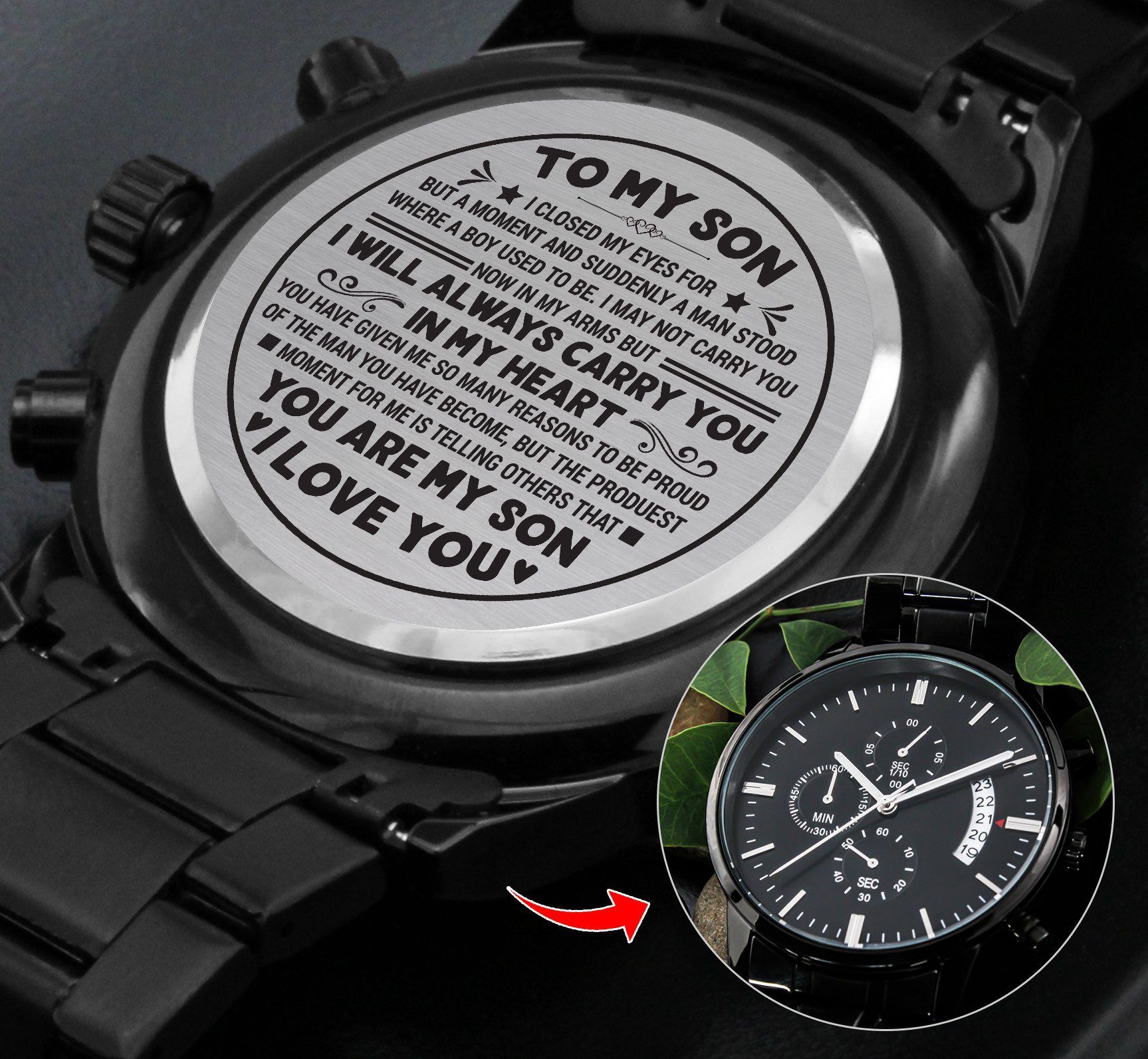 To My Son - Carry You In My Heart - Black Chronograph Watch - Celeste Jewel