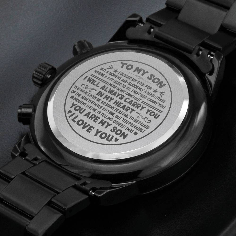 To My Son - Carry You In My Heart - Black Chronograph Watch - Celeste Jewel