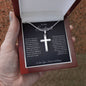 Hand holding the open gift box with Personalized Cross Necklace and To My Soulmate card