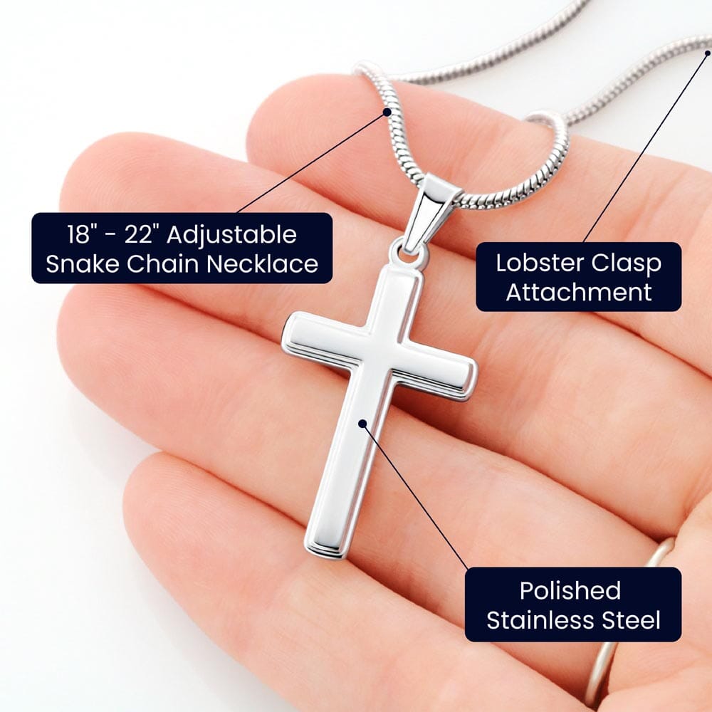 Diagram of the Personalized Cross Necklace showing chain, clasp and steel details