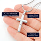 Diagram of the Personalized Cross Necklace showing chain, clasp and steel details