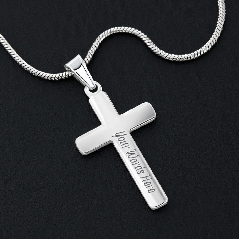 Close up of the Personalized Cross Necklace pendant showing custom engraving