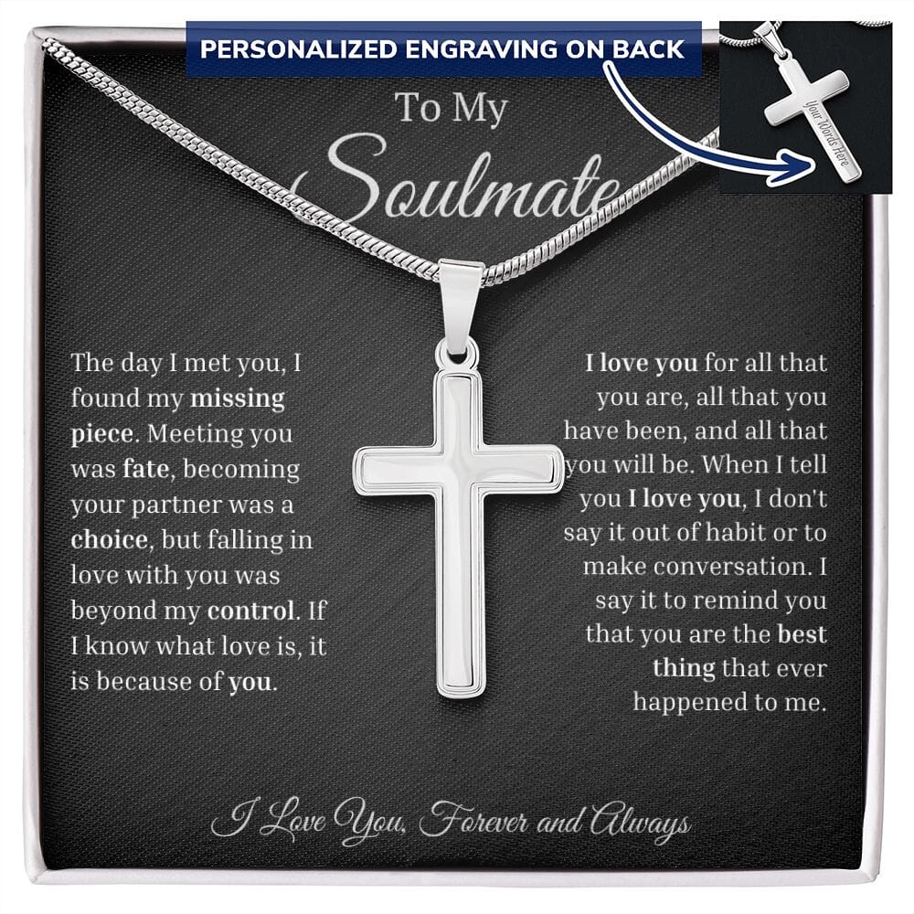 To My Soulmate message card with Personalized Cross Necklace, card reads My Missing Piece