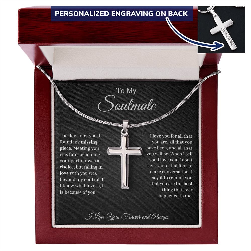 Personalized Cross Necklace with To My Soulmate card in a mahogany style LED gift box with engraving preview