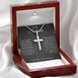 Personalized Cross Necklace with To My Soulmate card in an LED gift box on white satin