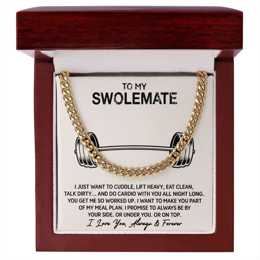 Cuban Link Chain Necklace with To My Swolemate card in a mahogany style LED gift box, yellow gold finish