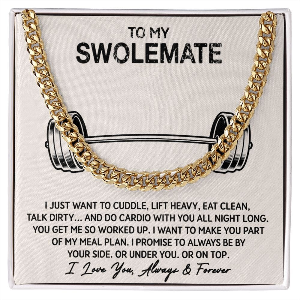 To My Swolemate message card with Cuban Link Chain Necklace in yellow gold finish, card reads My Meal Plan